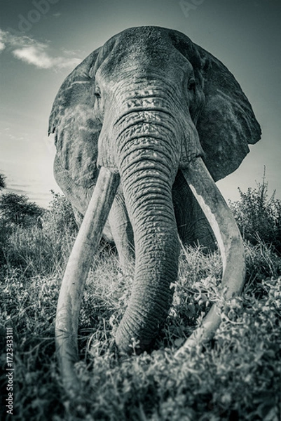 Fototapeta African Elephant with Impressive Tusks – Monochrome Wildlife Portrait