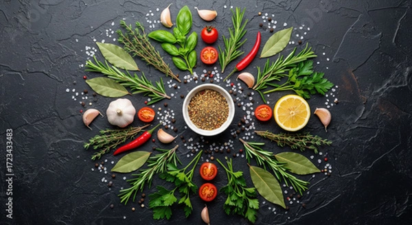 Fototapeta Herb spice lemon chili garlic tomato basil parsley bay leaf rosemary arranged in circular pattern on dark stone background creating fresh and vibrant culinary composition