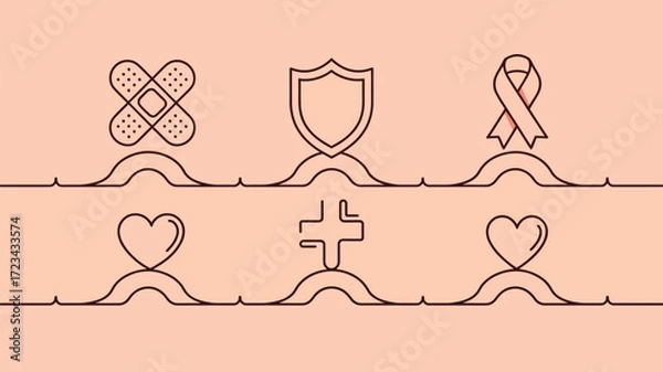 Fototapeta Illustration of health symbols including a bandage shield ribbon heart and plus sign on a line