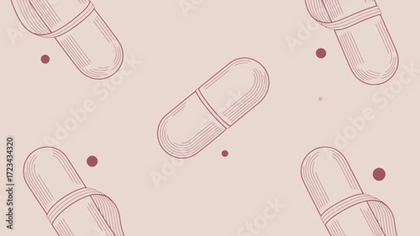 Fototapeta An illustration featuring several capsule pills and small dots scattered on a light pink background