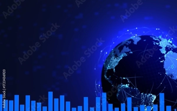Fototapeta Digital Globe with Global Network and Data Analytics Bar Graph Technology Visualization Futuristic Blue Earth Cyber Space Concept 3D Rendering