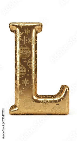 Fototapeta Golden letter L balloon with festive ornament, shiny metallic surface, snowflake and bauble pattern, isolated on white background, cheerful holiday decoration for celebration or party