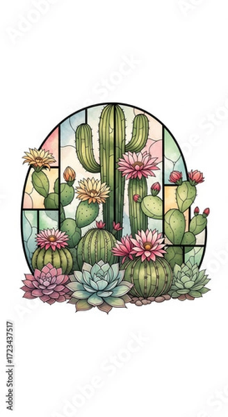 Fototapeta Cactus succulent flower desert stained glass green pink illustration nature botanical art create vibrant desert scene with blooming cactus and succulent plants front of stained glass window