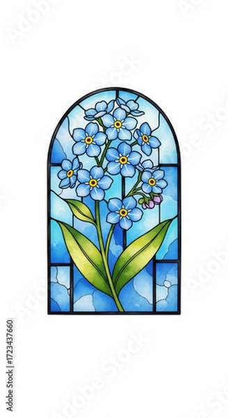 Fototapeta Blue flower stained glass window with green leaves, arched shape, and vibrant blue background, creating peaceful and artistic atmosphere, perfect for home decor or spiritual spaces