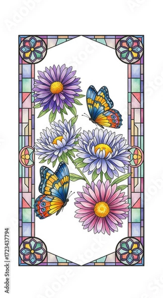 Fototapeta Stained glass style illustration featuring vibrant butterflies and colorful daisy flowers, surrounded by geometric pastel border, creating cheerful and artistic decorative design