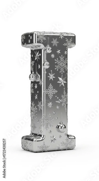 Fototapeta Silver metallic letter I decorated with snowflake and star patterns, festive Christmas ornament balls, isolated on white background, winter holiday theme, cheerful and elegant seasonal design
