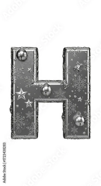 Fototapeta Metallic letter H with snowflake, star, and ornament patterns, festive and decorative, suitable for winter holiday design, isolated on white background