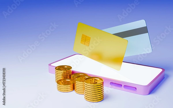 Fototapeta Digital Wallet Smartphone with Credit Card and Golden Coins Online Payment Finance Technology 3D Rendering