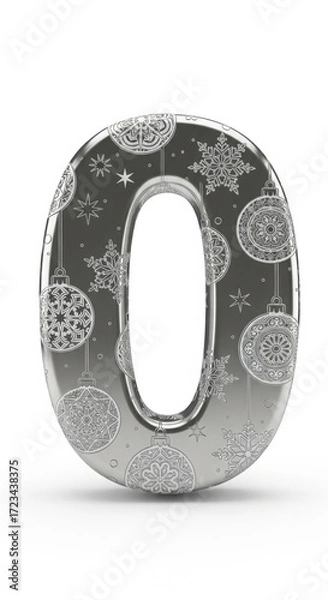 Fototapeta Silver metallic number zero decorated with intricate snowflakes and Christmas ornament patterns, festive winter holiday theme, isolated on white background