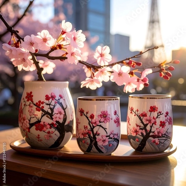 Obraz Cherry blossoms in ceramic cups with a cityscape backdrop