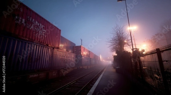 Fototapeta Misty Train Station with Colorful Shipping Containers at Dawn