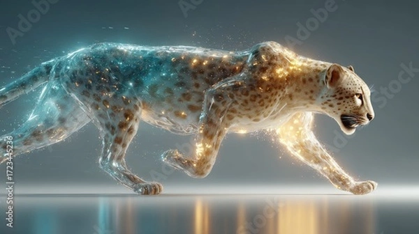 Obraz Dynamic running cheetah studio lighting 3d animation futuristic environment close-up view motion art