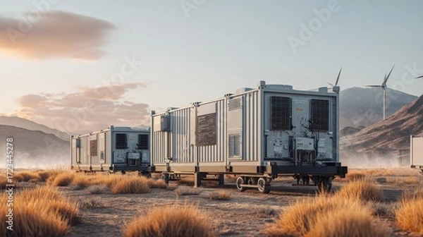 Fototapeta Mobile Energy Solutions in Desert Landscape with Wind Turbines