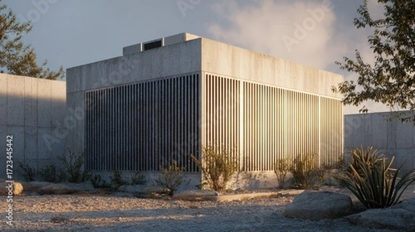 Fototapeta Modern Abstract Building with Striped Facade and Desert Landscape