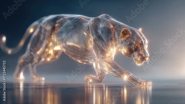 Obraz Dynamic transparent panther sculpture studio setting 3d art futuristic environment side view artistic concept