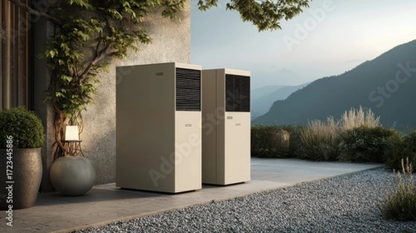 Fototapeta Modern Air Conditioners in Serene Mountain Setting at Dusk