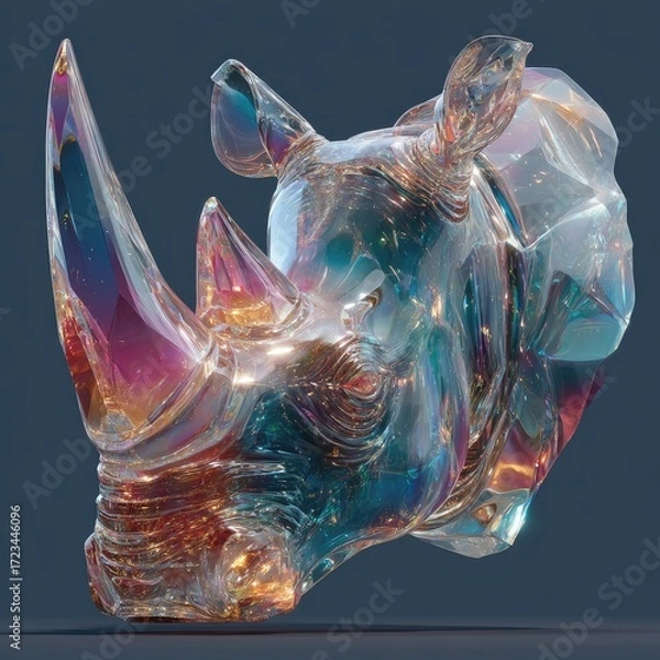 Obraz Artistic representation of a rhinoceros head studio setup 3d rendering colorful glass close view modern sculpture