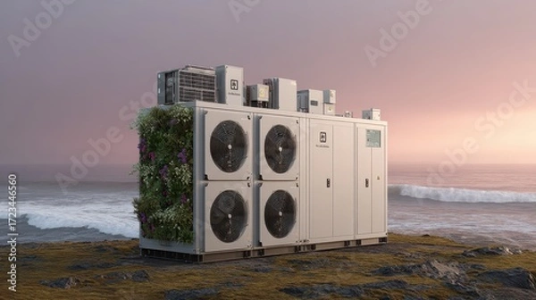 Fototapeta Modern air conditioning unit with greenery near ocean at sunset