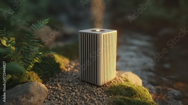 Fototapeta Modern Air Purifier in Natural Setting with Greenery and Stream