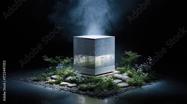 Fototapeta Modern Air Purifier with Greenery and Smoke Effect in Dark Setting