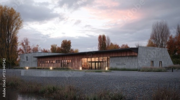 Fototapeta Modern Architectural Building Surrounded by Nature at Dusk
