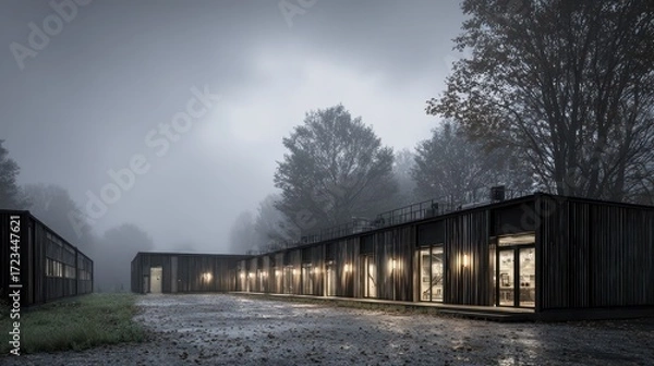 Fototapeta Modern Architectural Building Surrounded by Trees and Fog at Night