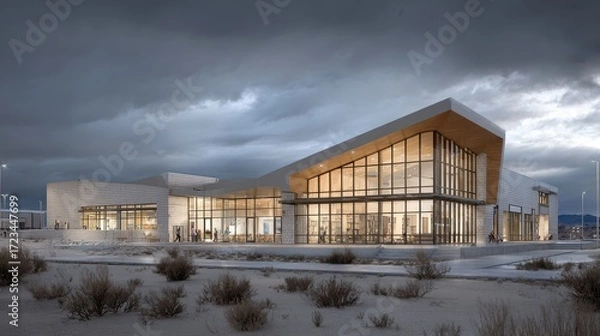Fototapeta Modern Architectural Building with Dramatic Cloudy Sky Background