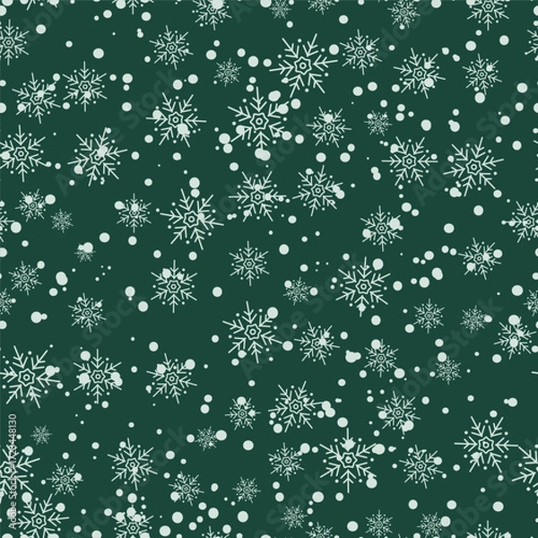 Obraz A versatile vector seamless pattern. This festive design features white snowflakes on a rich coniferous green background, creating a cozy and eye-catching texture perfect for any holiday project.