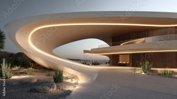 Fototapeta Modern architectural design featuring curved lines and natural landscape