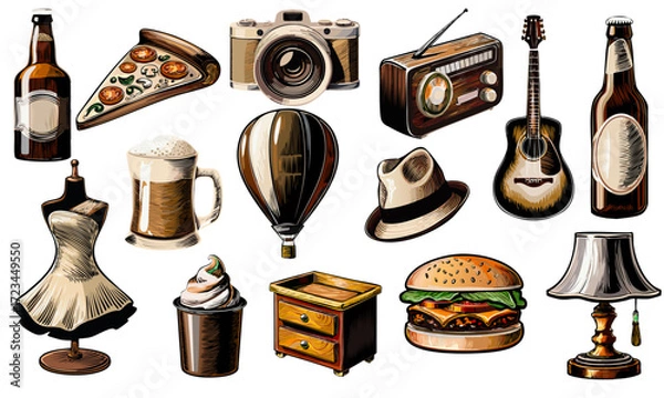 Fototapeta Assorted Objects Illustration: This illustration showcases a collection of diverse items, from vintage camera to a tasty pizza, embodying a vintage aesthetic.