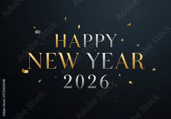 Fototapeta A Golden Happy New Year And Silver 2026 on a Dark Background.