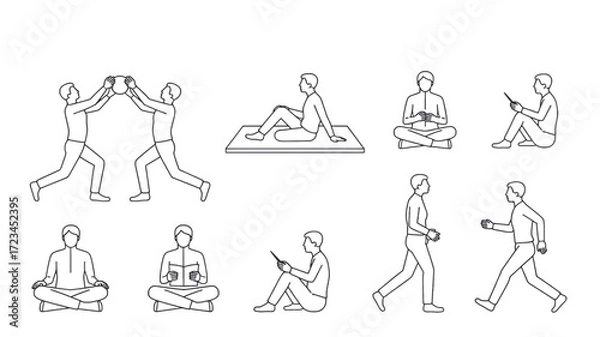 Fototapeta Collection of stylized line art figures in various poses demonstrating yoga meditation and walking in a minimalist silhouette style