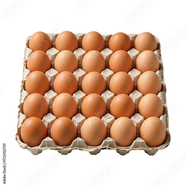 Fototapeta Chicken eggs in brown cardboard packaging isolated on a transparent background. 25 brown eggs lie in an open eco-friendly packaging.