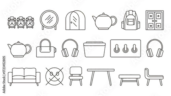 Fototapeta Collection of various household objects and furniture items depicted in a simple line drawing silhouette style for easy recognition and use