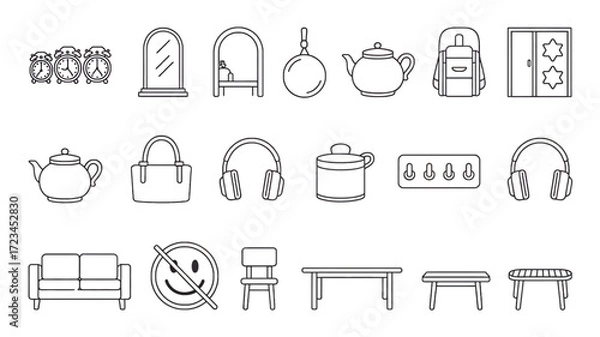 Fototapeta Collection of hand drawn sketch icons representing various household furniture and objects in a simple line art silhouette