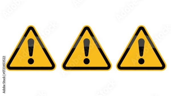 Fototapeta Three yellow warning signs with black borders and exclamation marks inside presented in a clean silhouette style against a white background