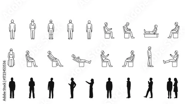 Fototapeta A collection of diverse human figures depicted in a minimalist line drawing and bold silhouette style for architectural and design purposes