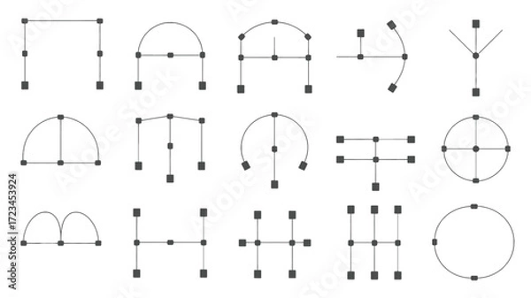 Fototapeta Collection of abstract geometric shapes and diagrams composed of lines and dots in a minimalist silhouette style