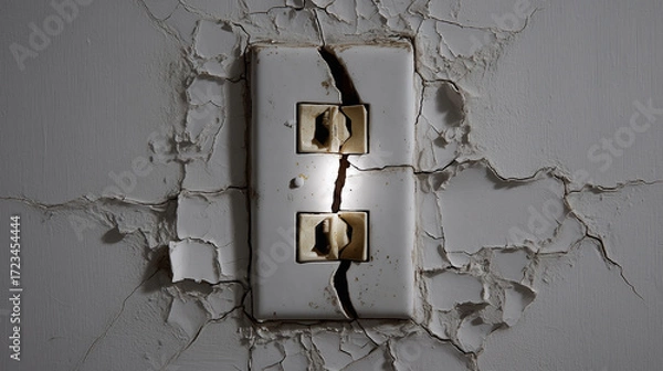Fototapeta A light switch is broken and the wires are exposed