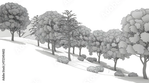 Fototapeta A line of deciduous trees and bushes casting long shadows on a gentle slope in a monochrome artistic silhouette