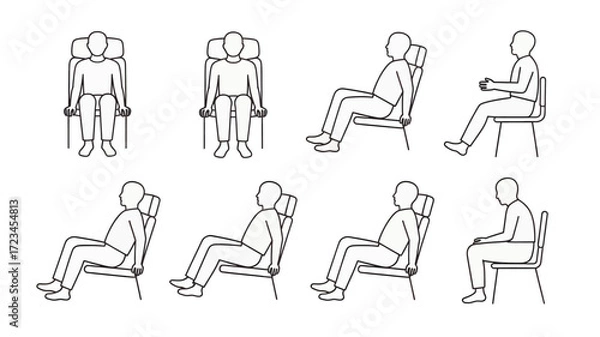 Fototapeta Collection of eight distinct line art figures in a simple silhouette style depicting various seated and standing poses for human characters silhouette