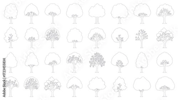 Fototapeta Collection of diverse tree outlines and silhouettes in a simple line art style for architectural and landscape design purposes silhouette