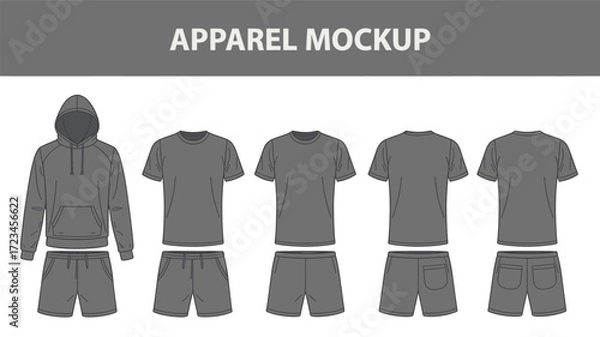 Fototapeta Collection of apparel mockups featuring a hooded sweatshirt and t shirts with matching shorts in a dark gray silhouette style