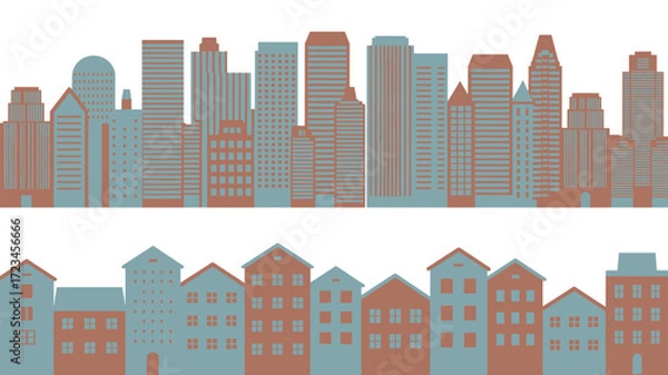 Fototapeta A detailed silhouette of a modern city skyline with diverse skyscrapers and a lower silhouette of charming residential buildings below