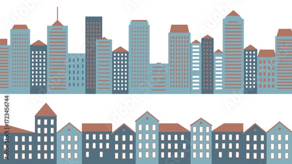 Fototapeta Two distinct rows of stylized city skyline buildings in a flat graphic design silhouette style with a white background silhouette