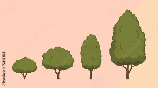 Fototapeta A collection of four green trees of varying sizes and shapes in a simple silhouette style against a pale peach background