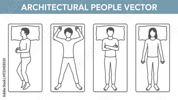 Fototapeta Architectural people vector illustration showing four different human figures in a minimalist line drawing silhouette style lying on beds