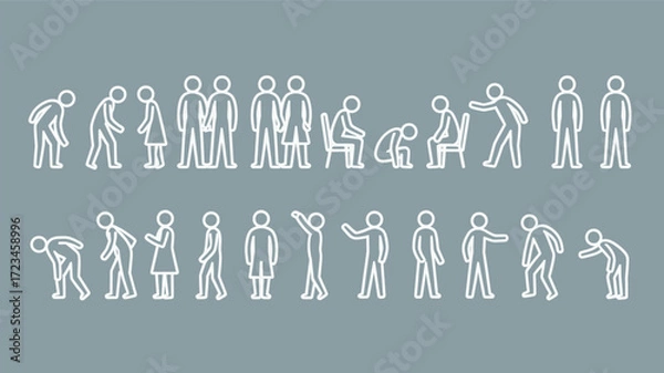 Fototapeta A collection of simplified white line drawings of diverse people in various poses and activities against a muted blue background silhouette