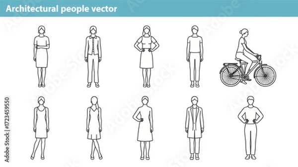 Fototapeta Collection of architectural people sketches in silhouette style for design and illustration purposes silhouette