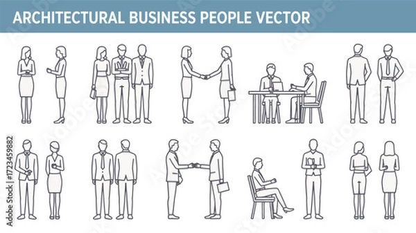 Fototapeta Architectural sketch style silhouette of business people in various poses and interactions for corporate concepts